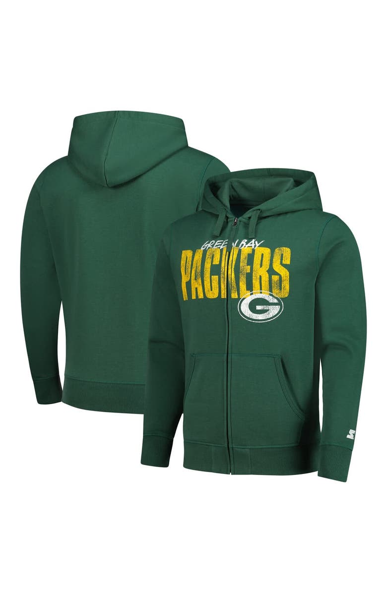 STARTER Men's Starter Green Green Bay Packers Distressed Classic Full-Zip Hoodie, Main, color, Green