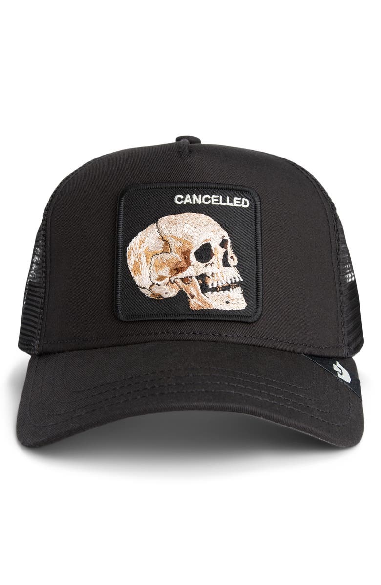 Goorin Bros. The Cancelled Skull Patch Snapback Trucker Hat, Alternate, color, Void