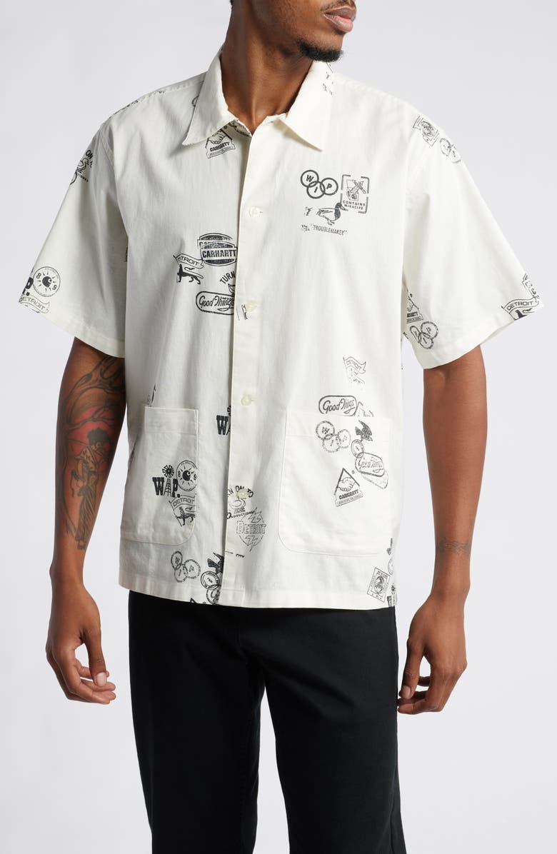 Carhartt Work In Progress Stamp Short Sleeve Cotton & Linen Button-Up Shirt, Main, color, 