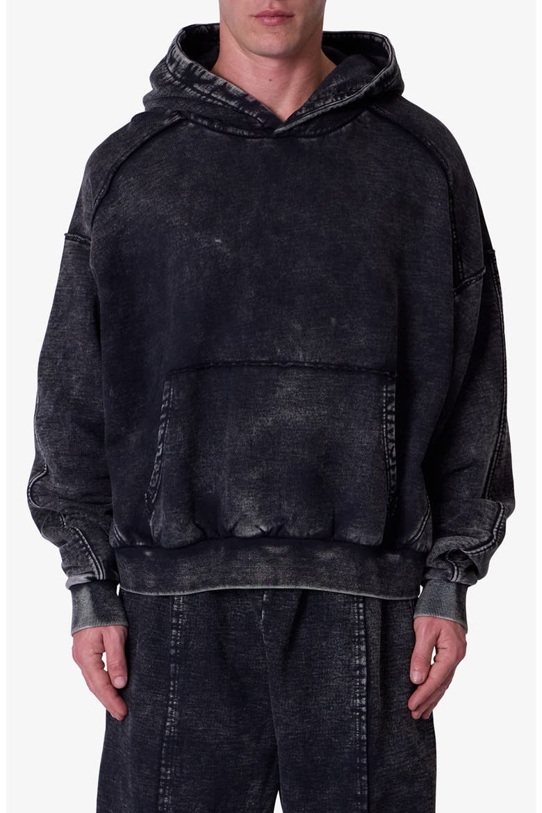 Frayed Seam Acid Wash Cotton Fleece Hoodie, Main, color, BLACK