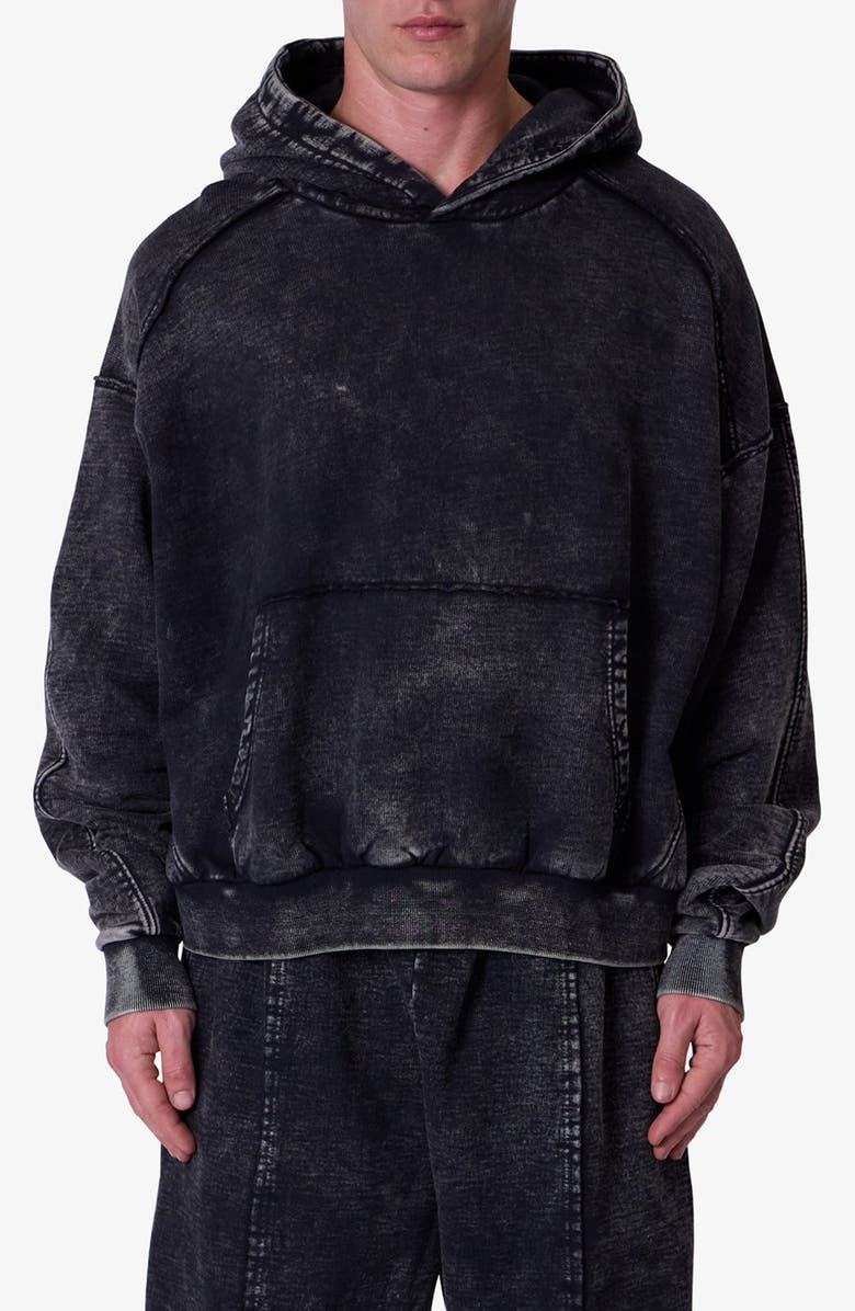 mnml Frayed Seam Acid Wash Cotton Fleece Hoodie, Main, color, Black