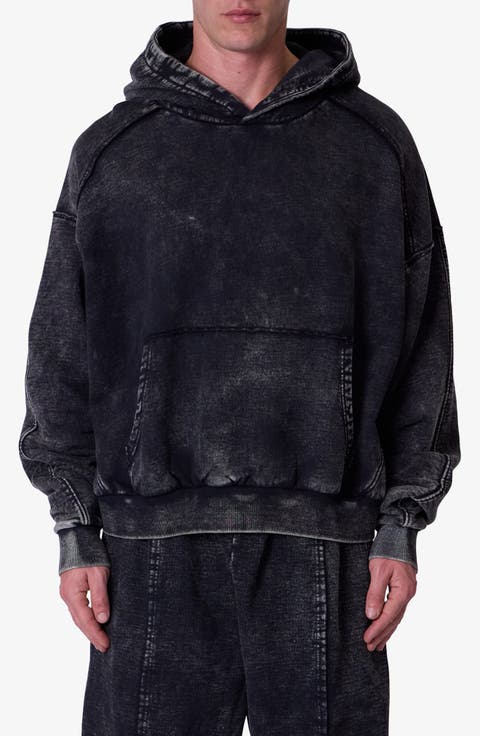 Frayed Seam Acid Wash Cotton Fleece Hoodie