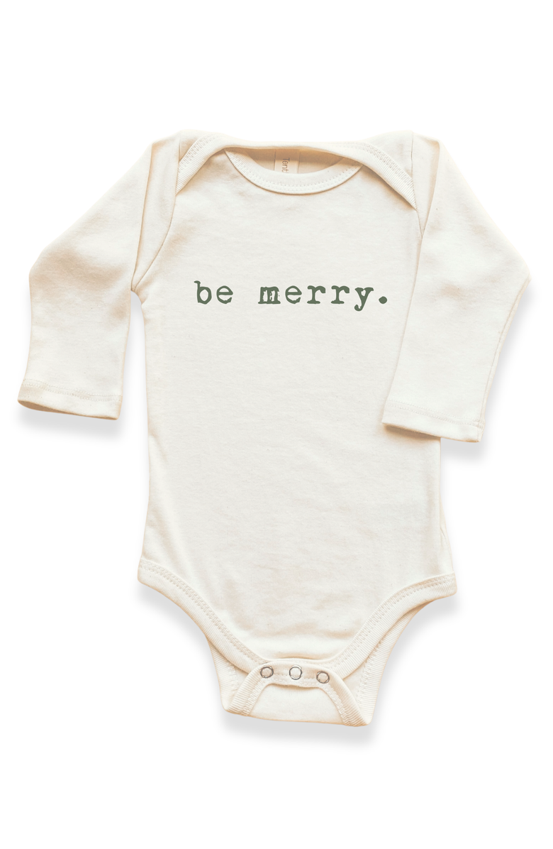 Tenth & Pine Be Merry - Organic Long Sleeve Baby Bodysuit, Main, color, Natural Olive Lettering
