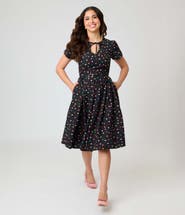 Unique Vintage Short Petal Sleeve Tie Neck Dahlia Swing Dress