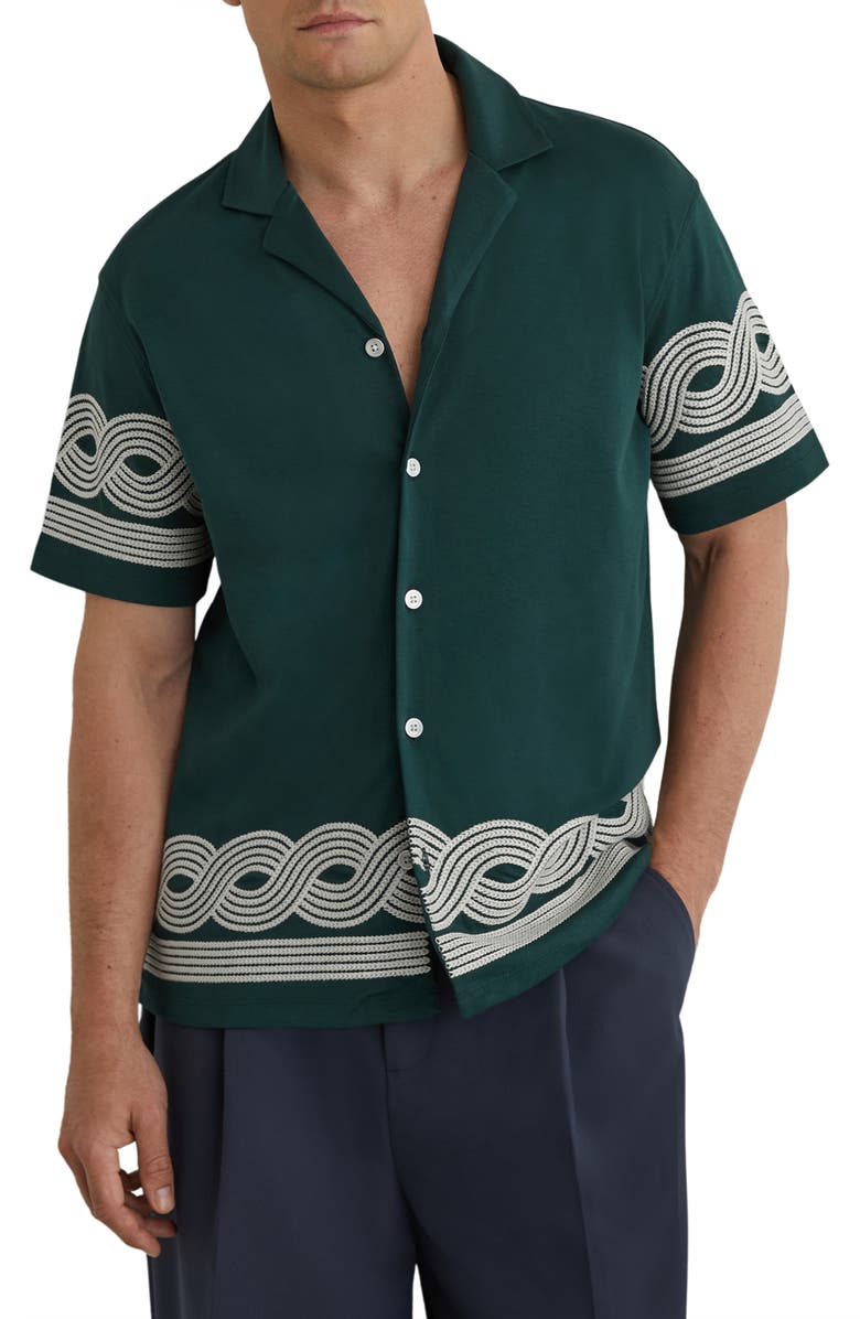 Reiss Arden Embroidered Cotton Blend Camp Shirt, Main, color, Soft Sage Green