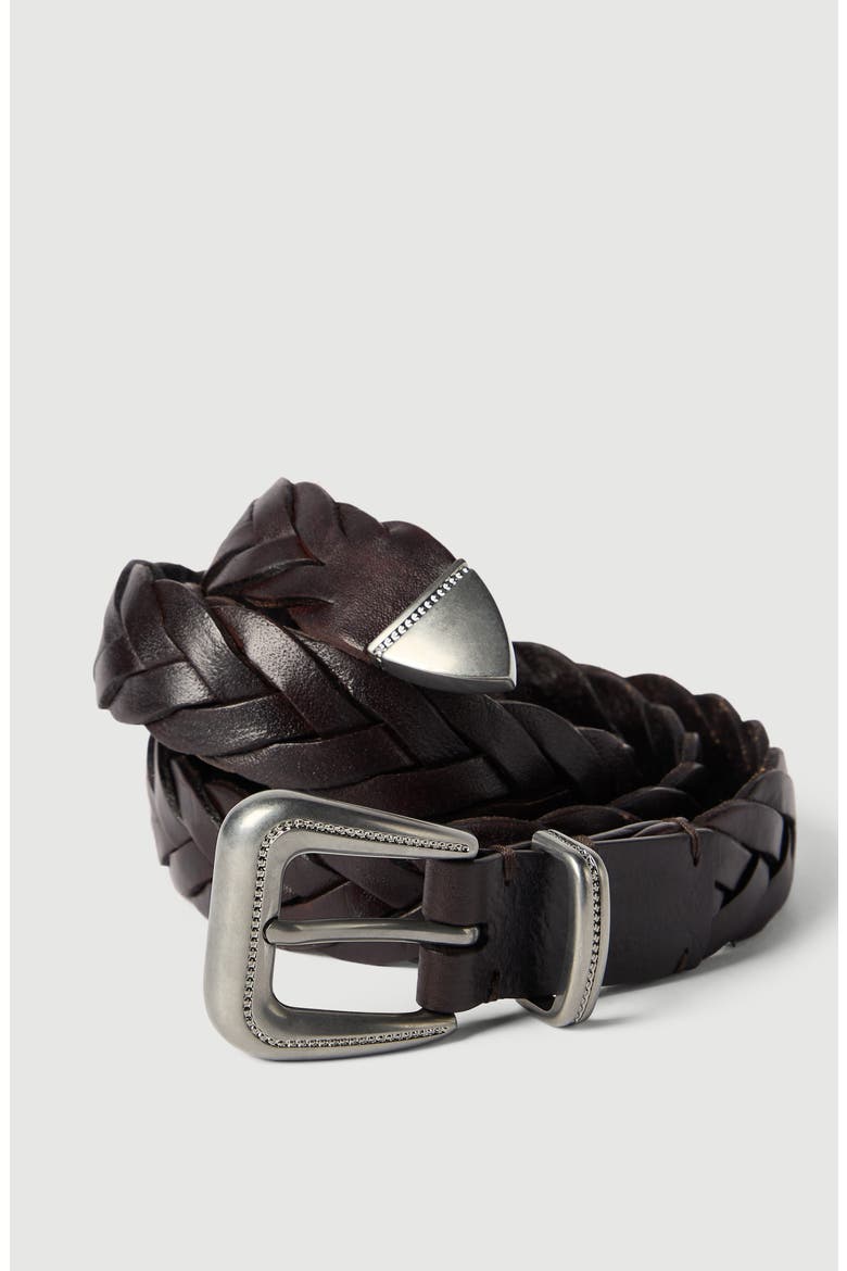 Braided leather belt with monili, Alternate, color, Brown