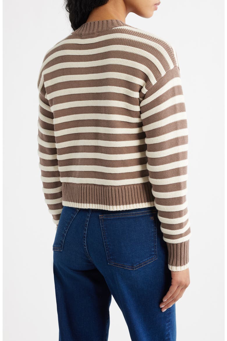 Button Front Cotton Crewneck Cardigan, Alternate, color, LIGHT UMBER AND IVORY