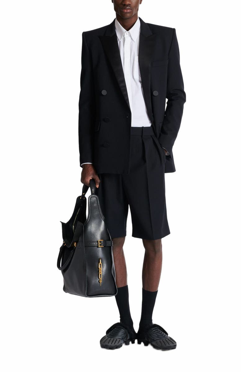 Balmain Grain De Poudre Pleated Bermuda Shorts, Alternate, color, Black