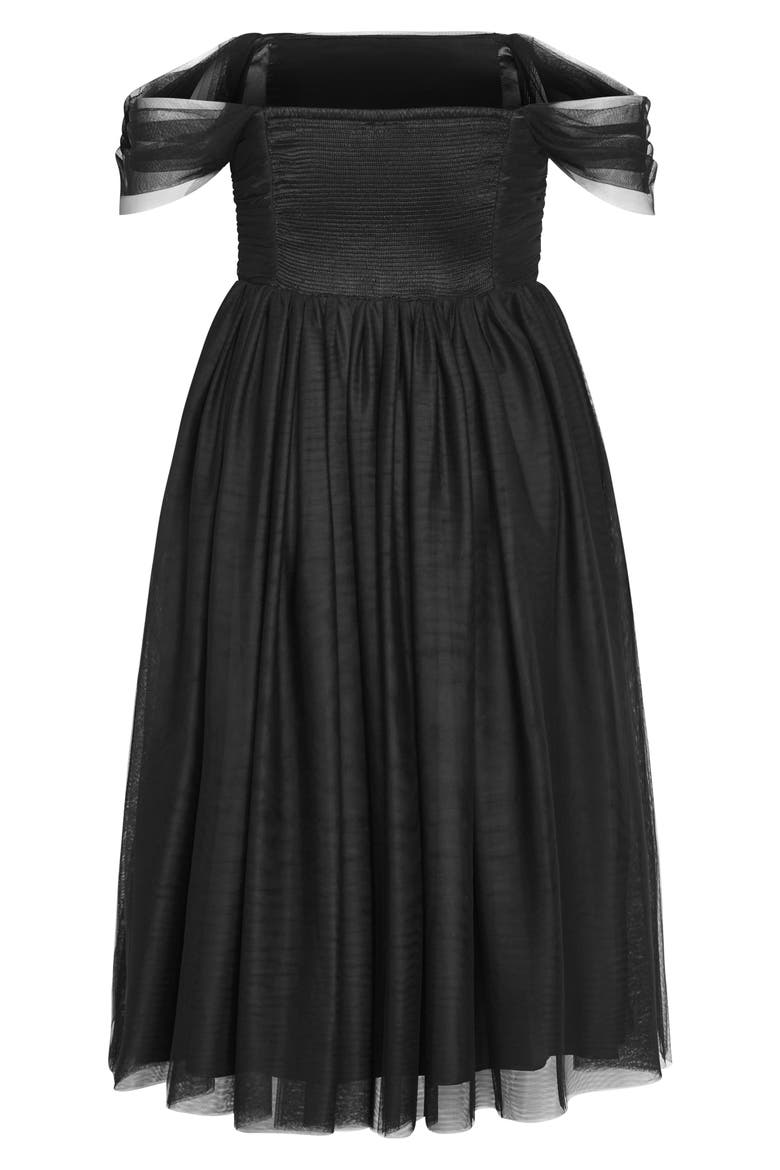 Lulu Off the Shoulder Tulle Midi Dress, Alternate, color, BLACK