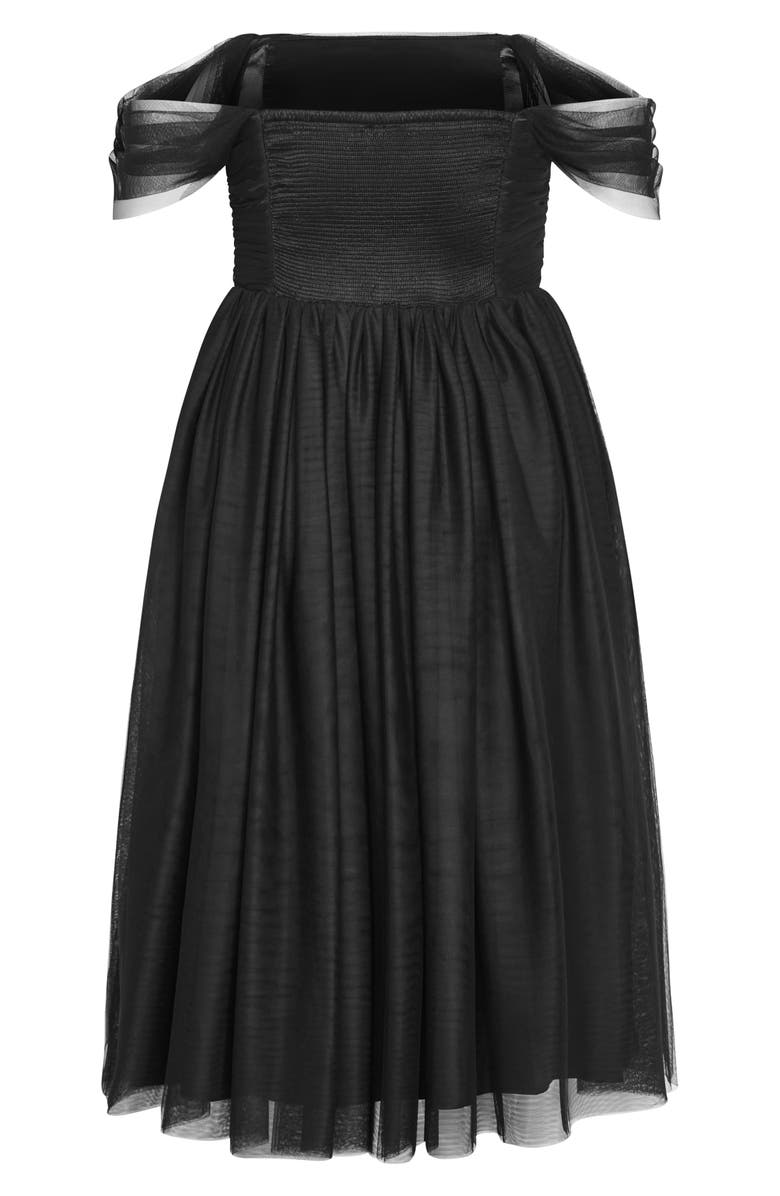 City Chic Lulu Off the Shoulder Tulle Midi Dress, Alternate, color, Black