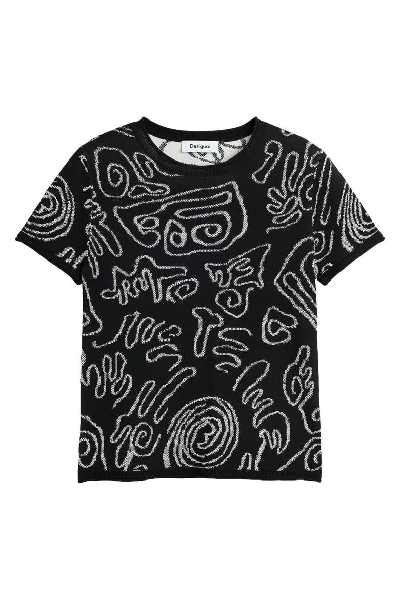 Jacquard Short Sleeve Knit Top, Alternate, color, BLACK