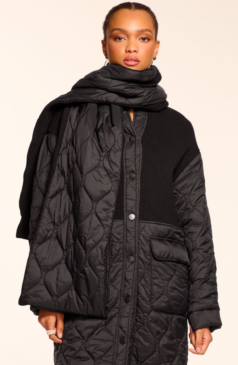 Ramy Brook Melanie Quilted Mixed Media Coat with Scarf, Alternate, color, Black