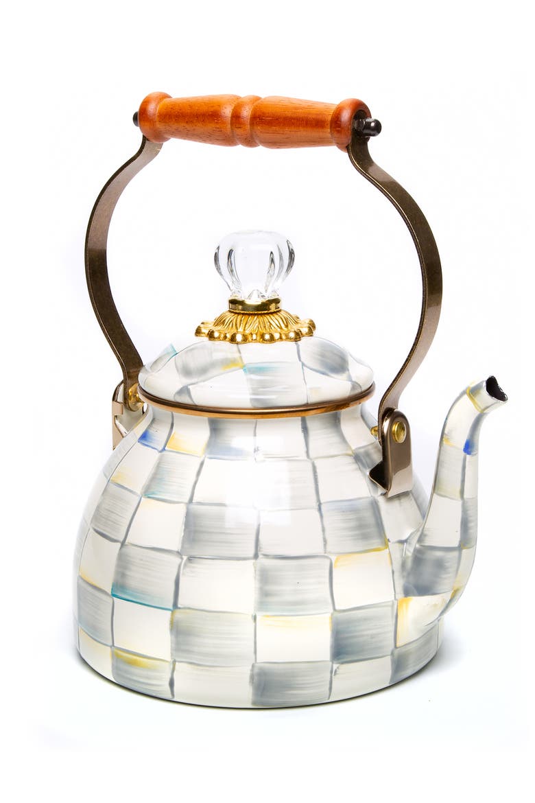Sterling Check Enameled Steel 2-Quart Tea Kettle, Main, color, GREY/ WHITE