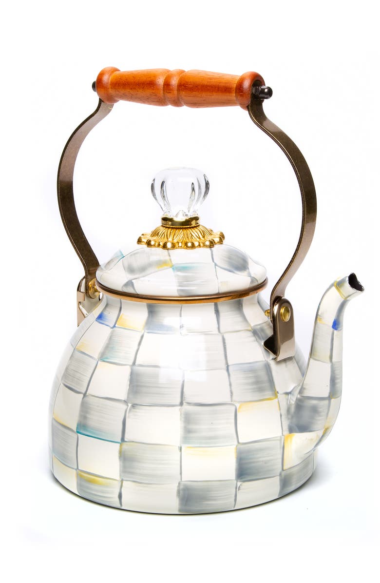 MACKENZIE CHILDS Sterling Check Enameled Steel 2-Quart Tea Kettle, Main, color, Grey/ White