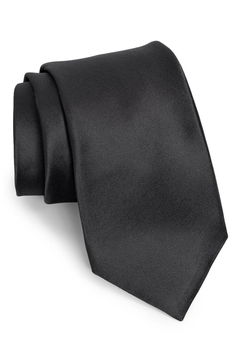 Solid Satin Silk Tie, Main, color, BLACK