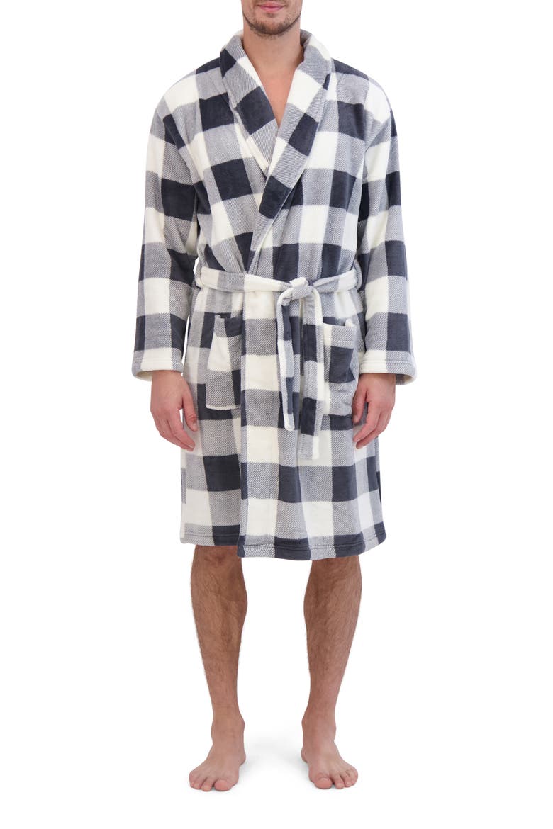 Plaid Fleece Robe, Main, color, WHITE/ BLACK