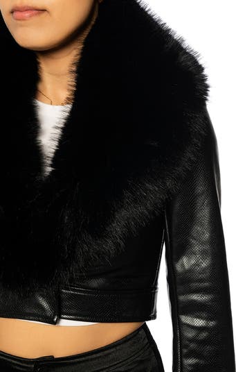 ジャケット・アウター cropped lether faux fur blouson Cropped Faux Fur Leather Jacket Women Winter Lapel Zipper