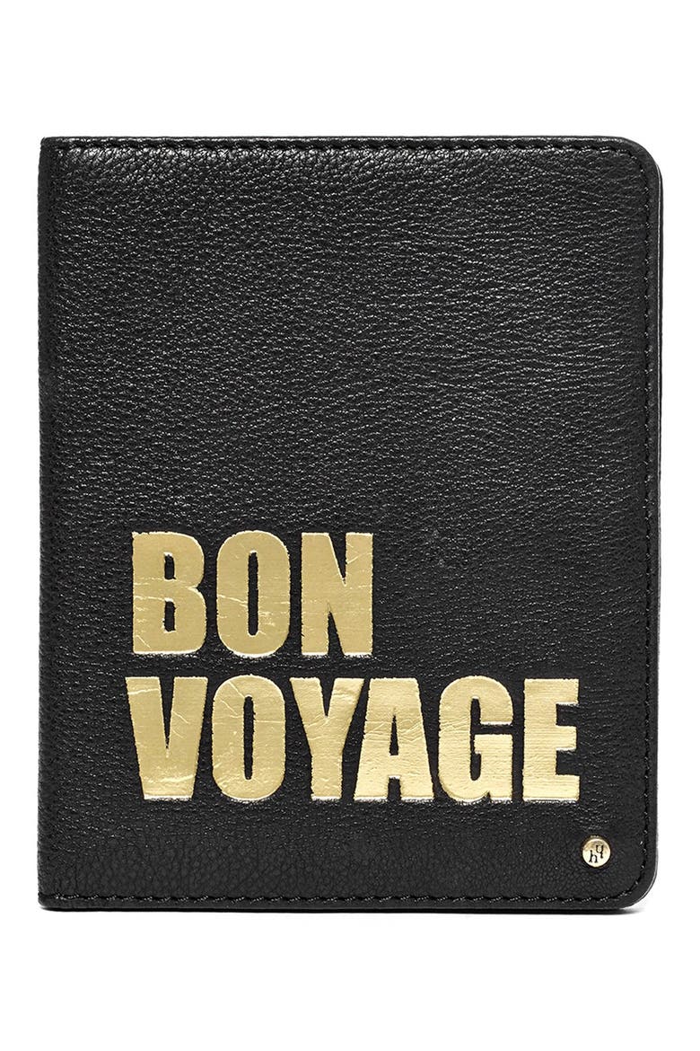 Leather Passport Case, Main, color, BLACK/ LAWN GREEN BON VOYAGE