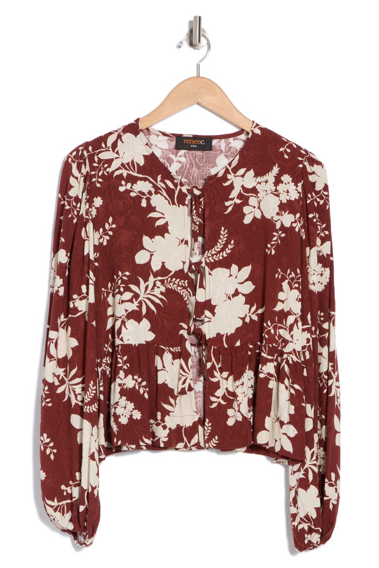 Floral Long Sleeve Tie Front Crop Top, Alternate, color, BURGUNDY