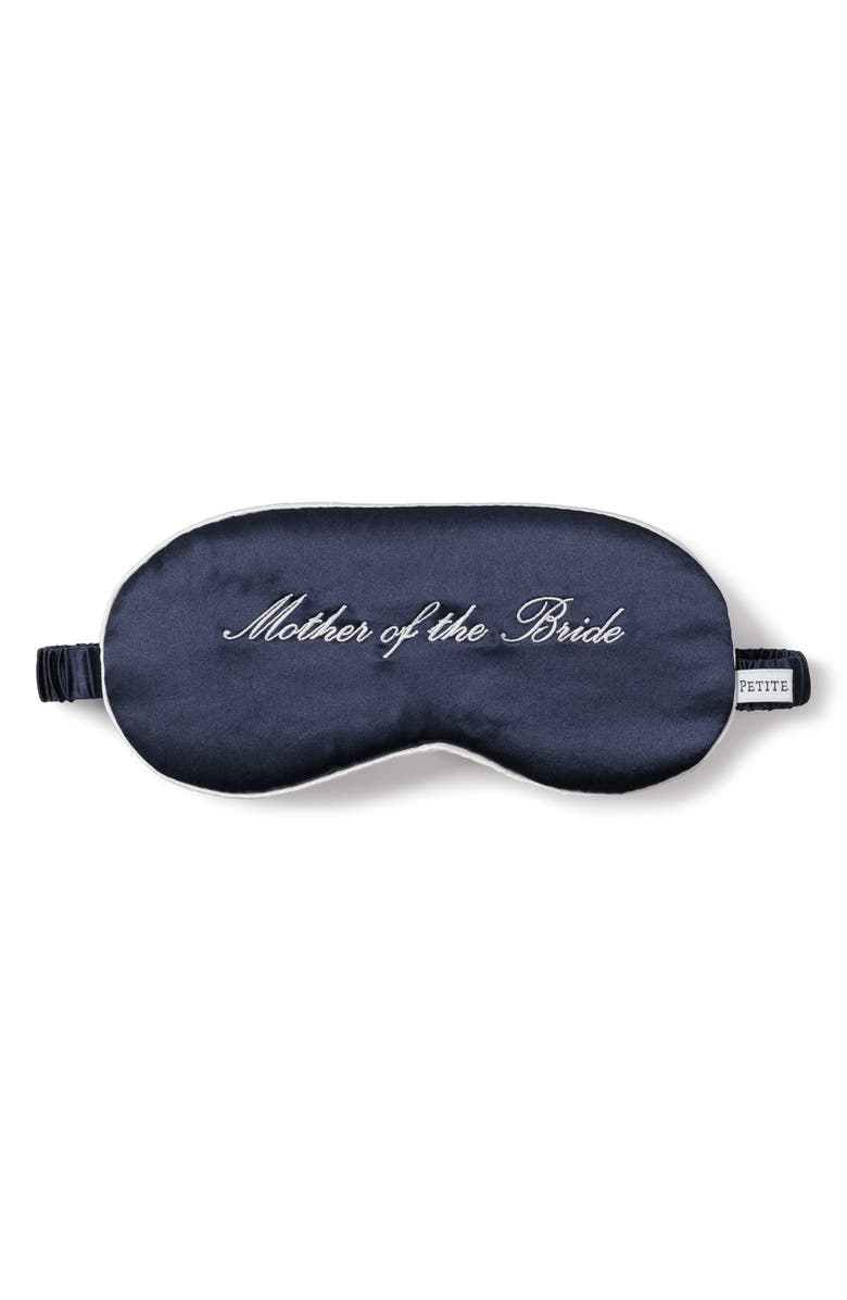 Petite Plume Mother of the Bride Embroidered Silk Sleep Mask, Main, color, Navy