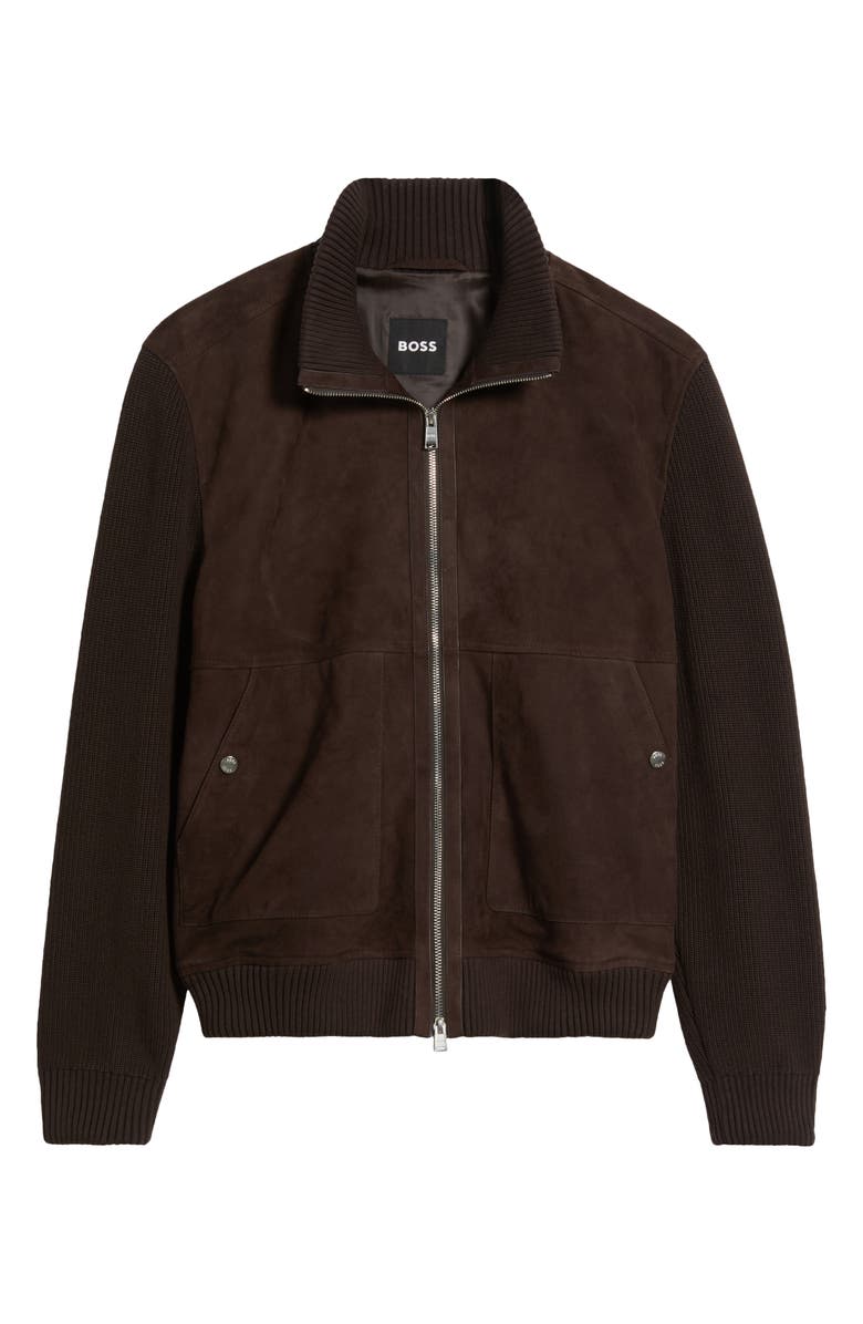BOSS Maparo Goatskin Suede & Cotton Blend Knit Jacket, Alternate, color, Dark Brown