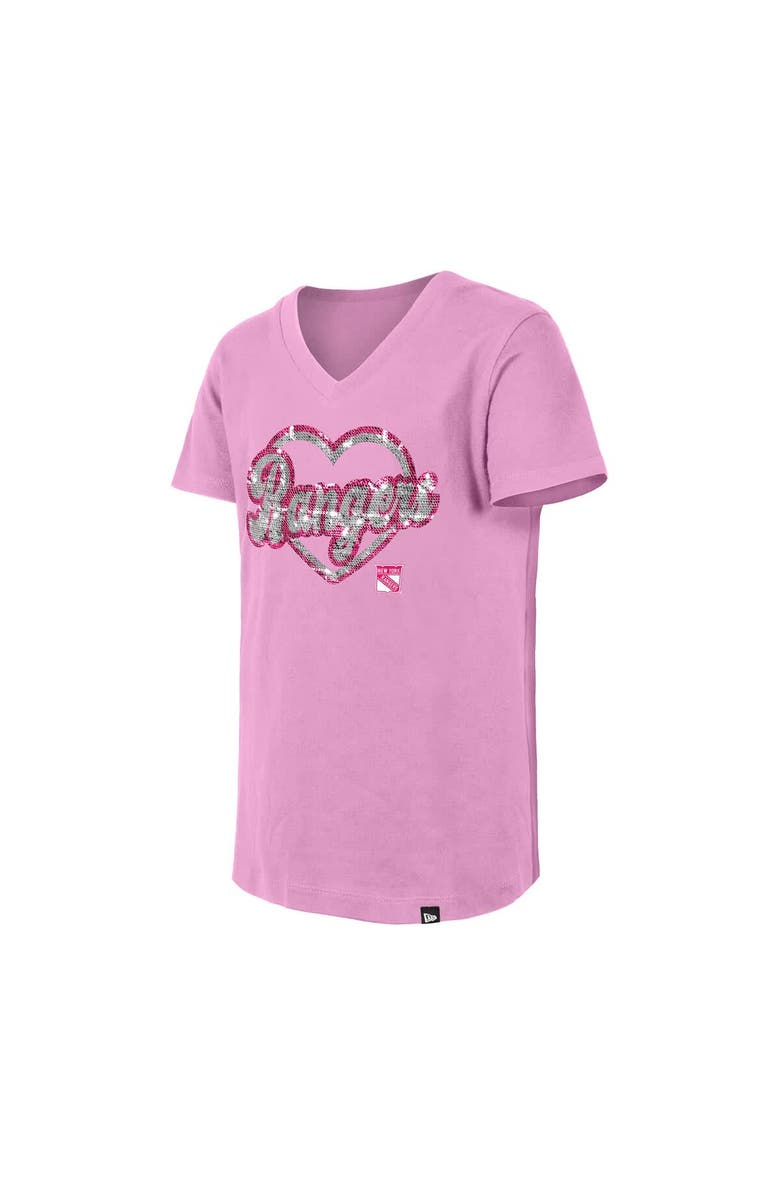 New Era Girl's Youth New Era Pink New York Rangers Flip Sequin V-Neck T-Shirt, Alternate, color, Pink