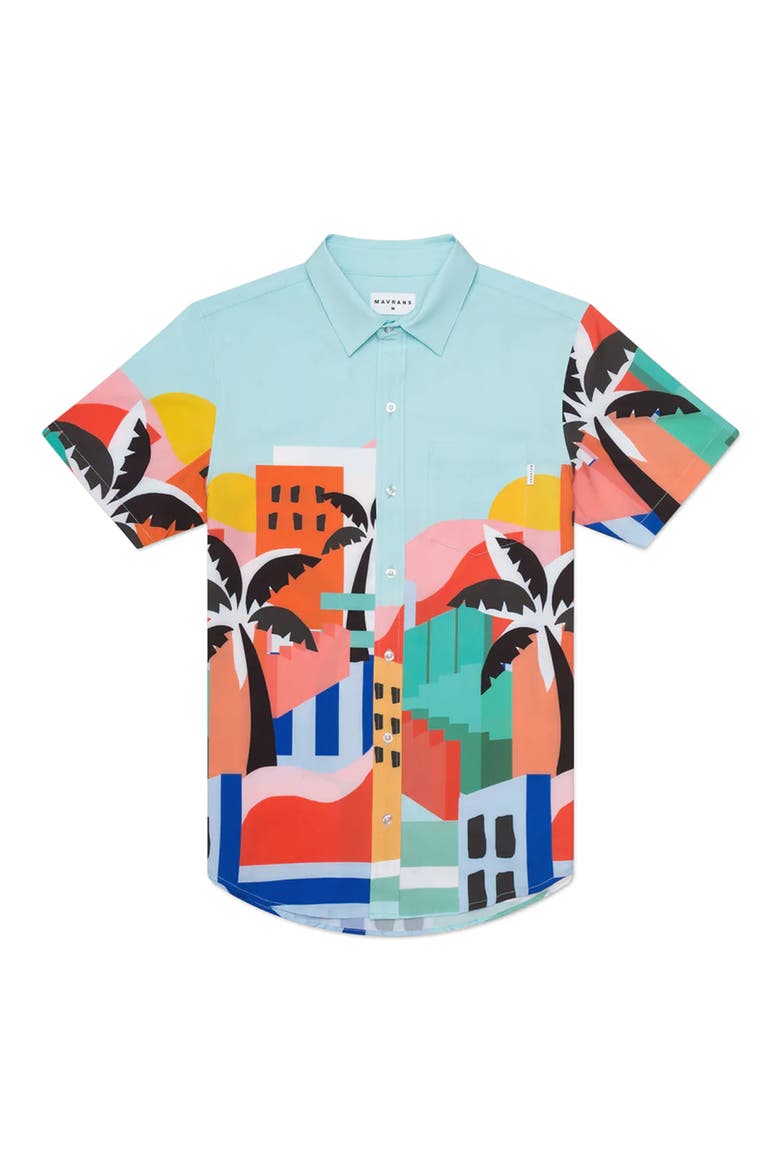 Tailored Fit Havana Waterproof Short Sleeve Performance Button-Up Shirt, Main, color, BLUE
