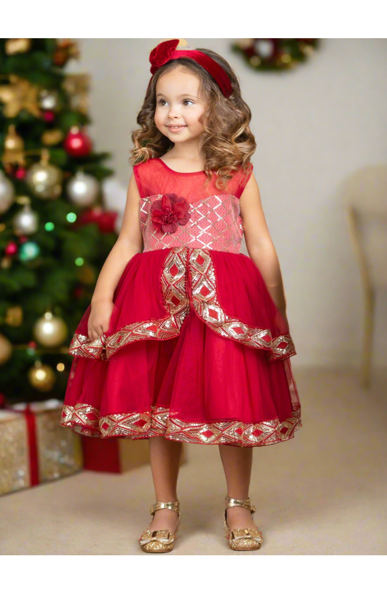 Mia Belle Girls Made To Sparkle Embroidered Tulle Holiday Dress, Alternate, color, Red
