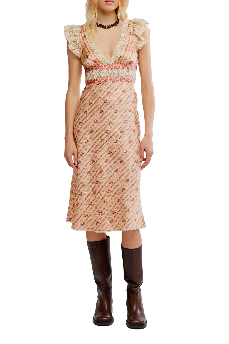 Bali Belle Floral Ruffle Satin Midi Dress, Main, color, SOFT PINK