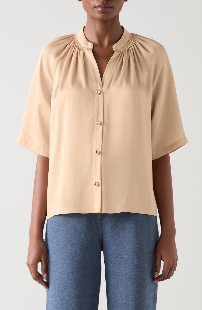 LK Bennett Amber Short Sleeve Button-Up Shirt, Main, color, Camel