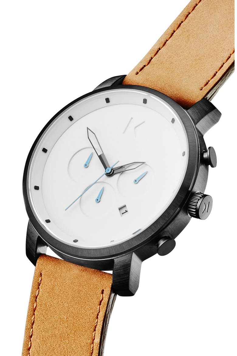 MVMT Chronograph Leather Strap Watch, 45mm, Alternate, color, WHITE/ TAN