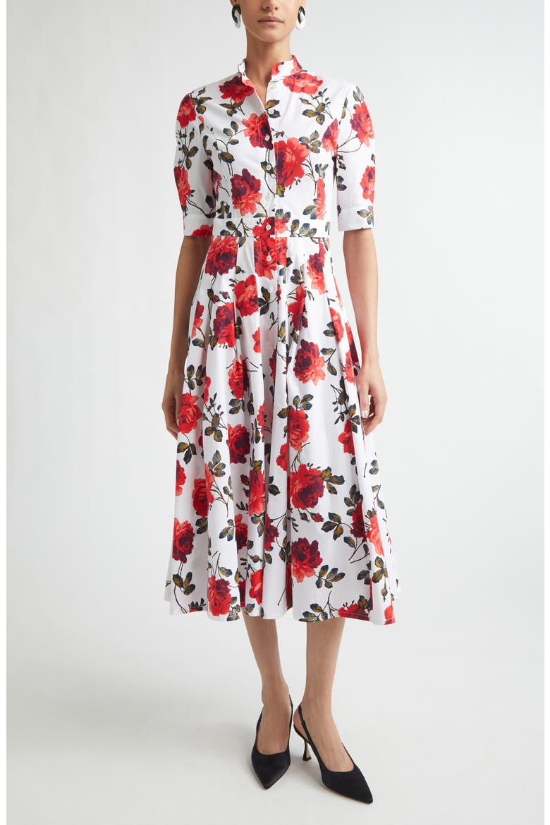 Rose Print Stretch Cotton Poplin Shirtdress, Main, color, WHITE MULTI