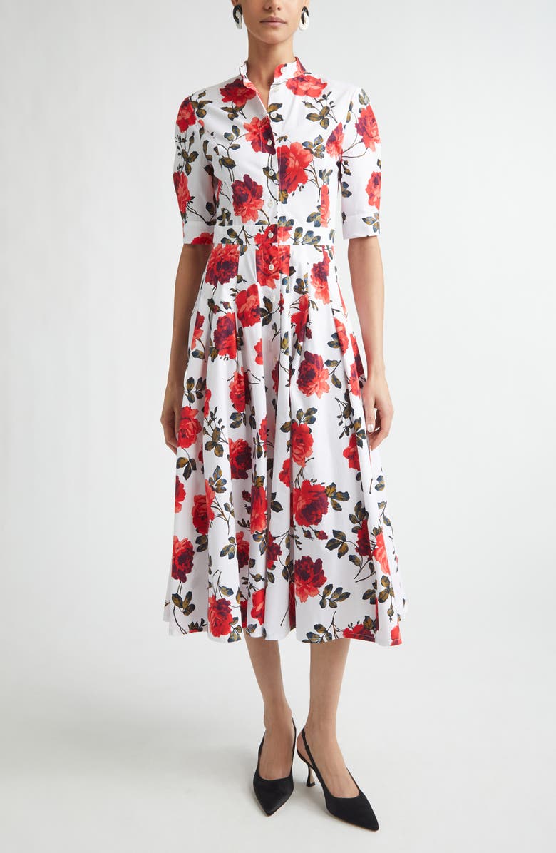 Carolina Herrera Rose Print Stretch Cotton Poplin Shirtdress, Main, color, White Multi