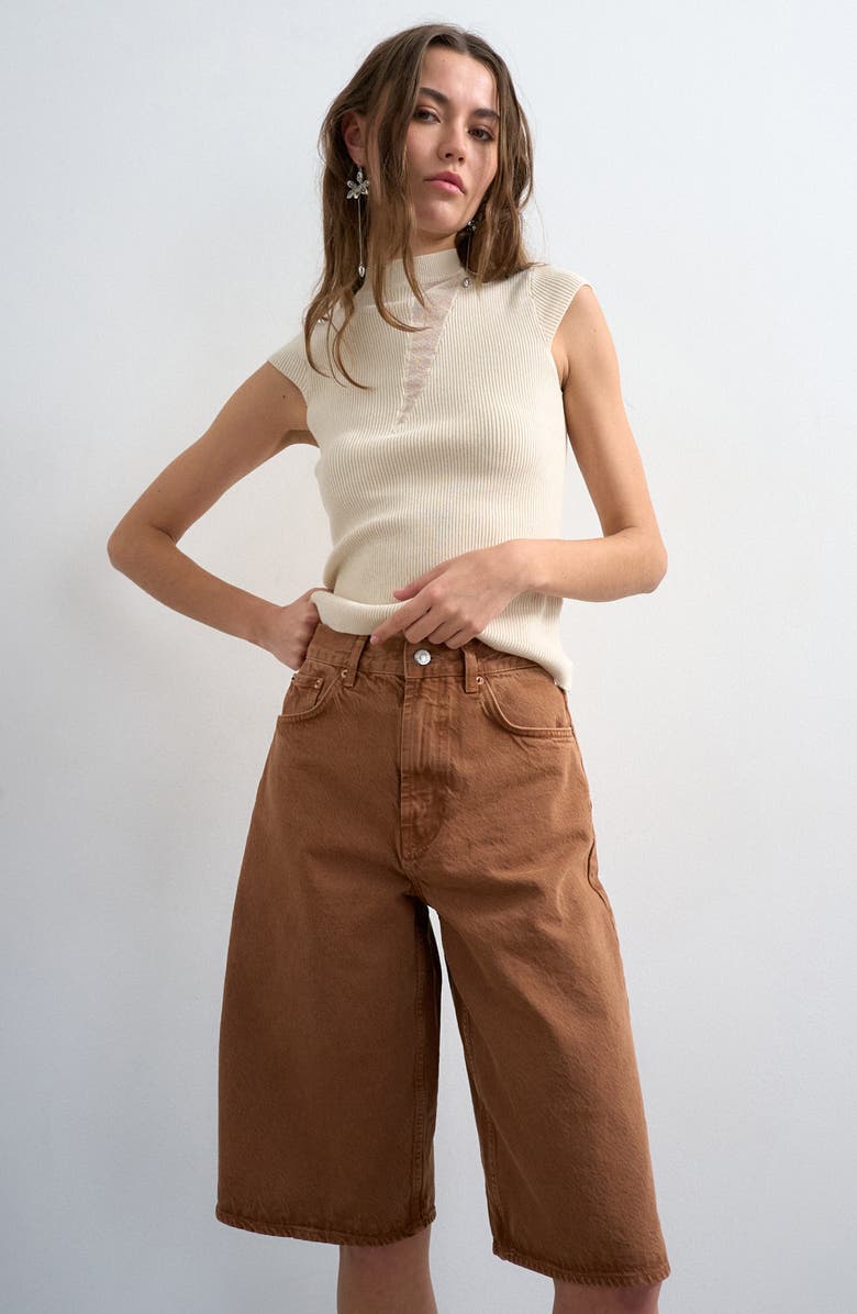 Topshop Mid Rise Denim Bermuda Shorts, Alternate, color, Brown