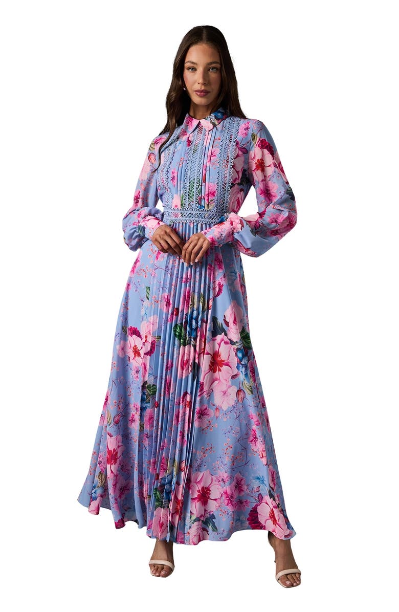 Coast Pleated Lace Trim Long Sleeve Midi Dress, Main, color, Blue