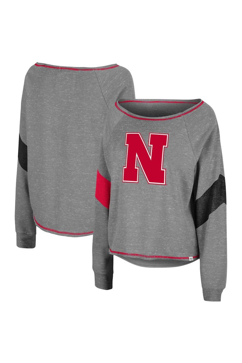 Women's Colosseum Heathered Gray Nebraska Huskers Amped Chevron Stripe Raglan Boat Neck Pullover Sweatshirt, Main, color, Heather Gray