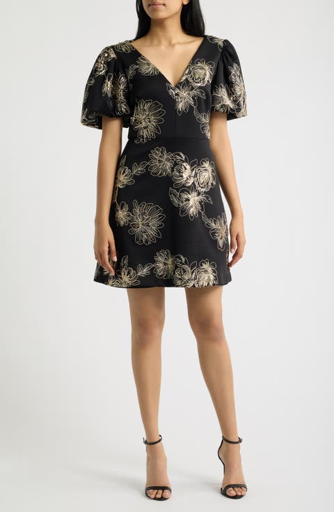 Embroidered Sequin Puff Sleeve Minidress