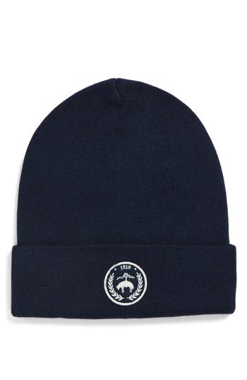 Brooks Brothers Wool Blend Patch Cuffed Beanie In Blue