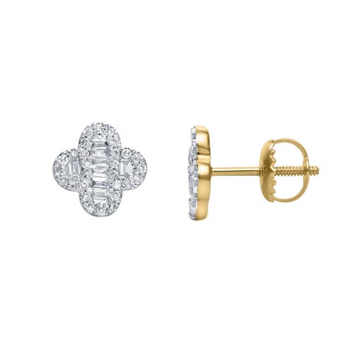 Alina Baguette 
Round-Cut Diamond Clover Stud Earrings in 14K Gold