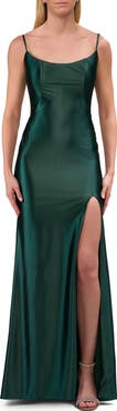 La Femme Chic Stretch Satin Dress with Illusion Mesh Back