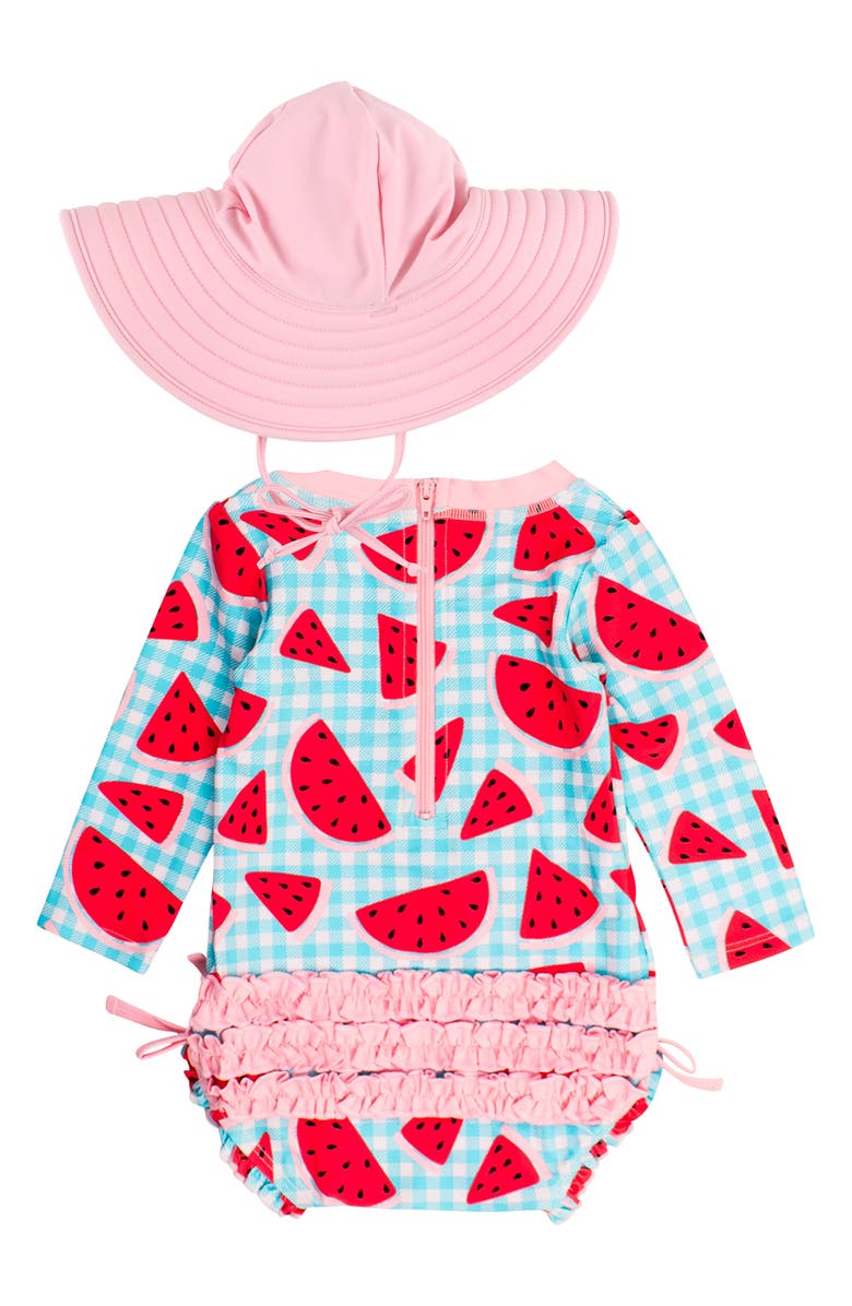 RuffleButts Watermelon Gingham One-Piece Rashguard Swimsuit & Hat Set, Alternate, color, 