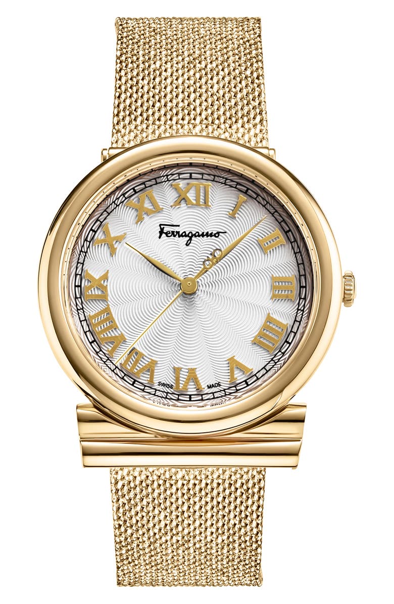 FERRAGAMO Round Mesh Strap Watch, 34mm, Main, color, 