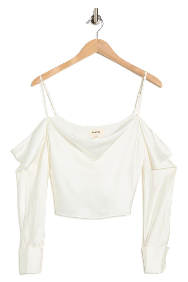 Cavallo Cold Shoulder Long Sleeve Silk Crop Top, Alternate, color, IVORY