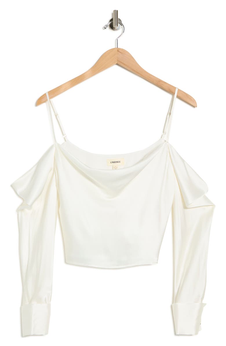 L'AGENCE Cavallo Cold Shoulder Long Sleeve Silk Crop Top, Main, color, Ivory