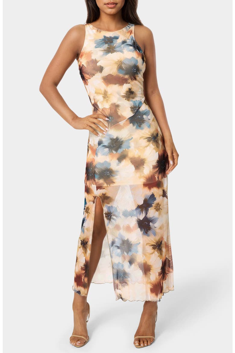 Power Mesh Side Ruched Maxi Dress, Main, color, BLUE TAN
