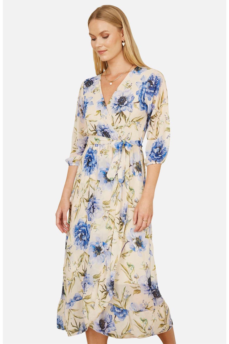 3/4 Sleeve V-Neck Wrap Midi Dress, Alternate, color, Cream