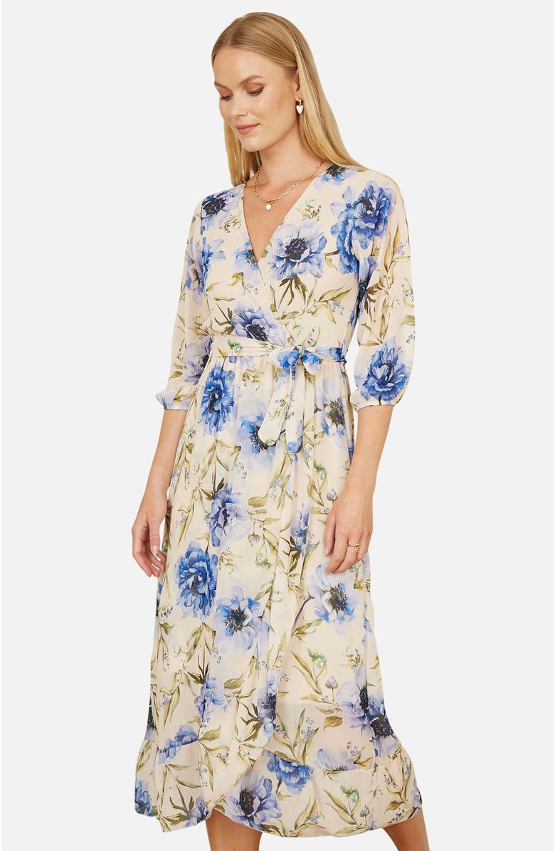 Yumi 3/4 Sleeve V-Neck Wrap Midi Dress, Alternate, color, Cream