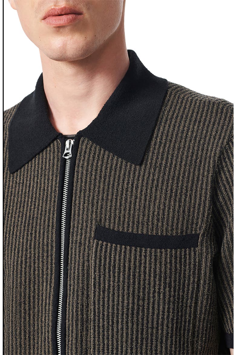 Zuma Jacquard Stripe Short Sleeve Knit Zip-Up Shirt, Alternate, color, BLACK