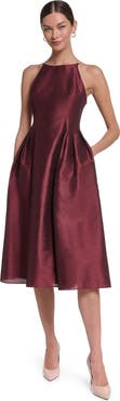 HALSTON Spaghetti Strap Fit & Flare Midi Dress