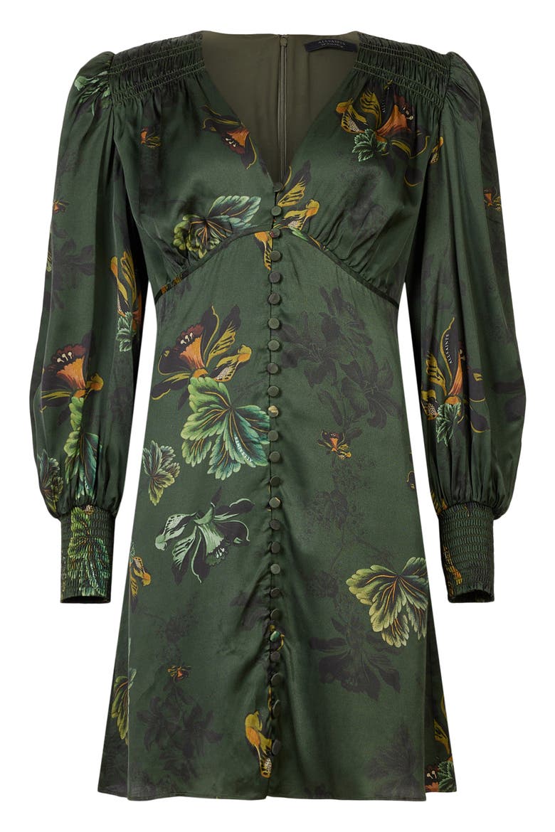 Auden Lilly Floral Long Sleeve Satin Minidress, Alternate, color, FOREST GREEN